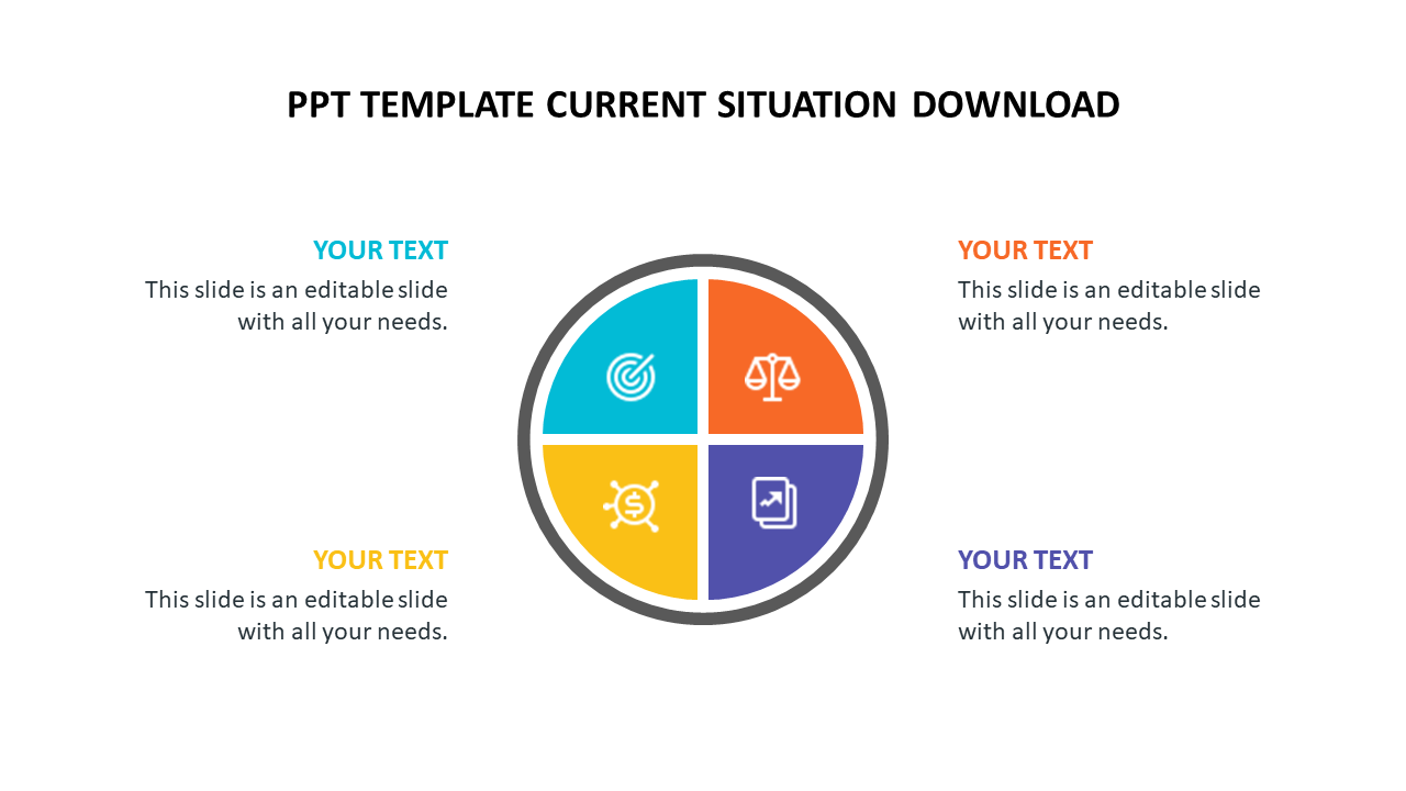 PPT template displaying a colored circular diagram with four sections with icons and placeholder text.