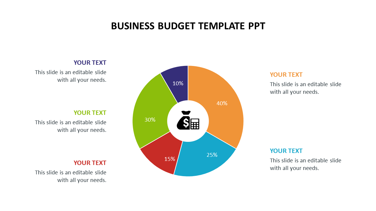 Colorful pie chart showing budget percentages with sections in orange, teal, red, green, and blue, and text areas.