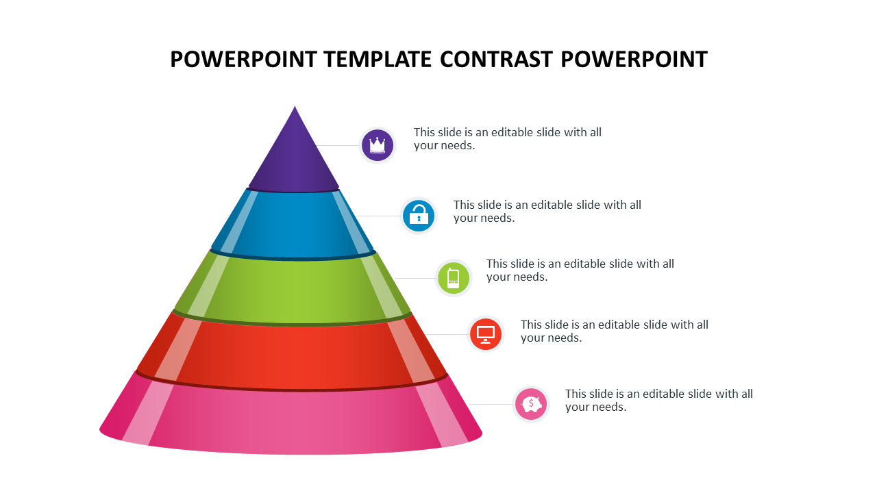 Five-level pyramid chart in gradient colors from purple at the top to pink at the bottom, with icons beside caption areas.