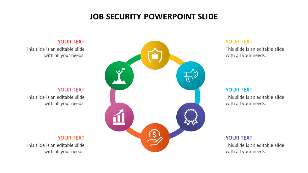 Circular job security diagram with six colorful icons and placeholder text area around it placed in a white background.