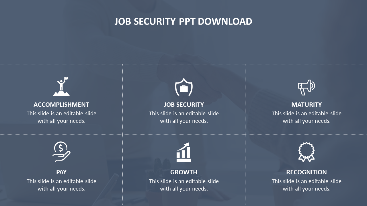 Six square sections arranged in two rows, each with a white icon representing aspects of job security, on a gray backdrop.