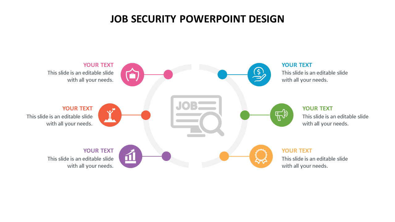 Circular infographic with six colored icons surrounding a central graphic of a computer screen and magnifying glass.