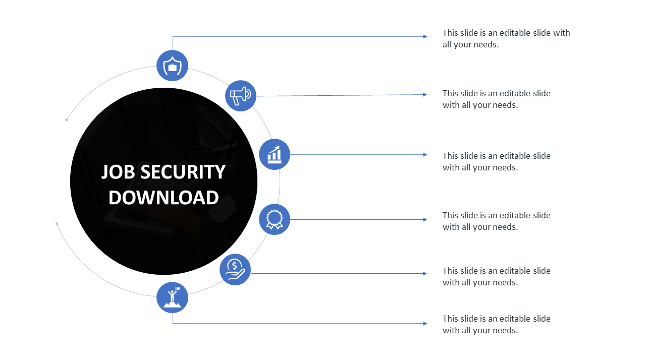 PowerPoint slide featuring icons around a central job security theme with areas for content.