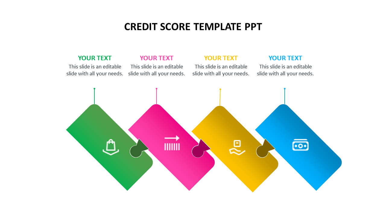 Creative credit score template with colorful tags and icons, showcasing credit-related concepts with placeholders text areas.