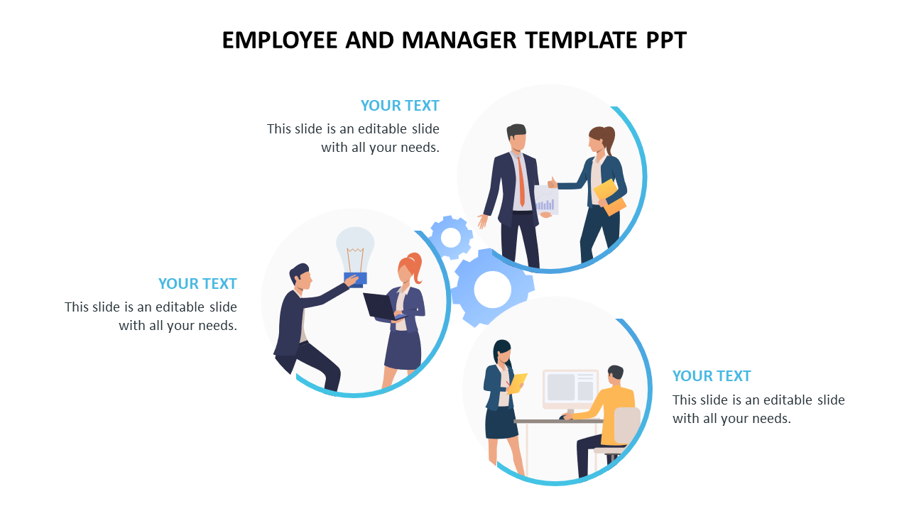 Three circular illustrations with employees and managers working together, surrounded by blue lines.