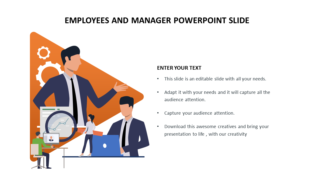 Illustration of a manager presenting with two employees working at desks, set by placeholder text on the right.