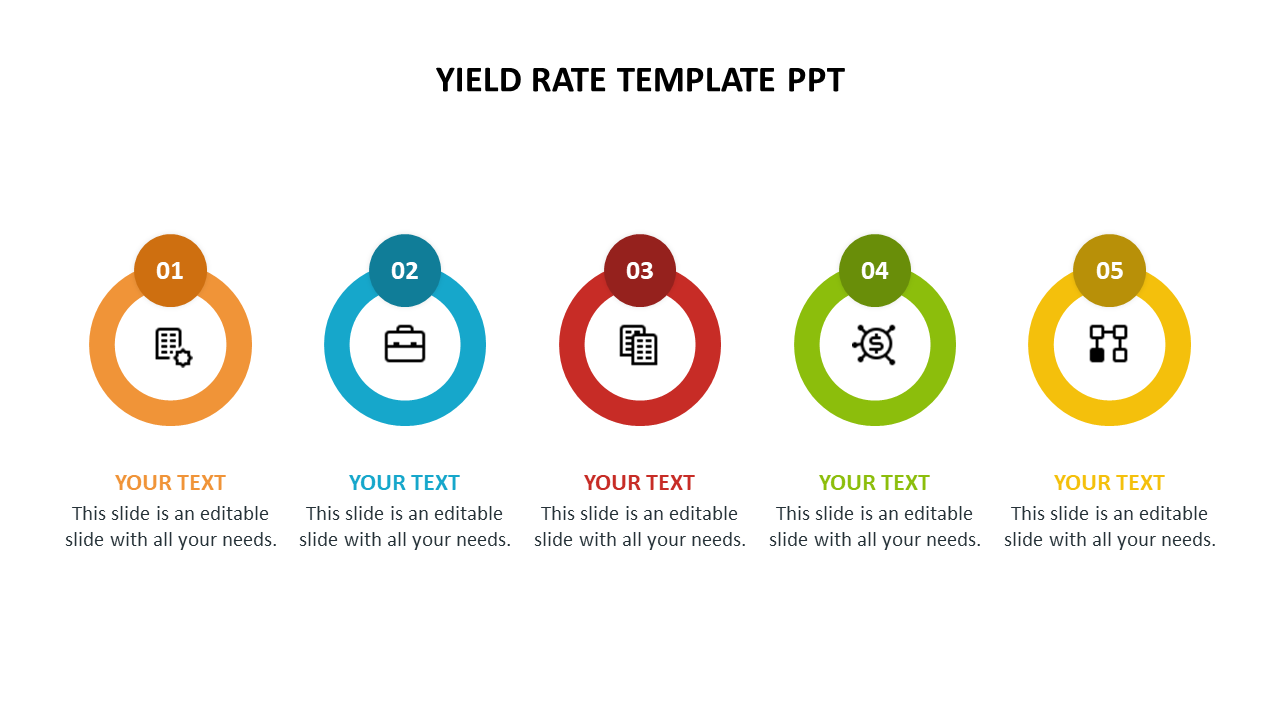 Yield rate process displayed in five colorful circles with numbered icons and caption areas in a white background.