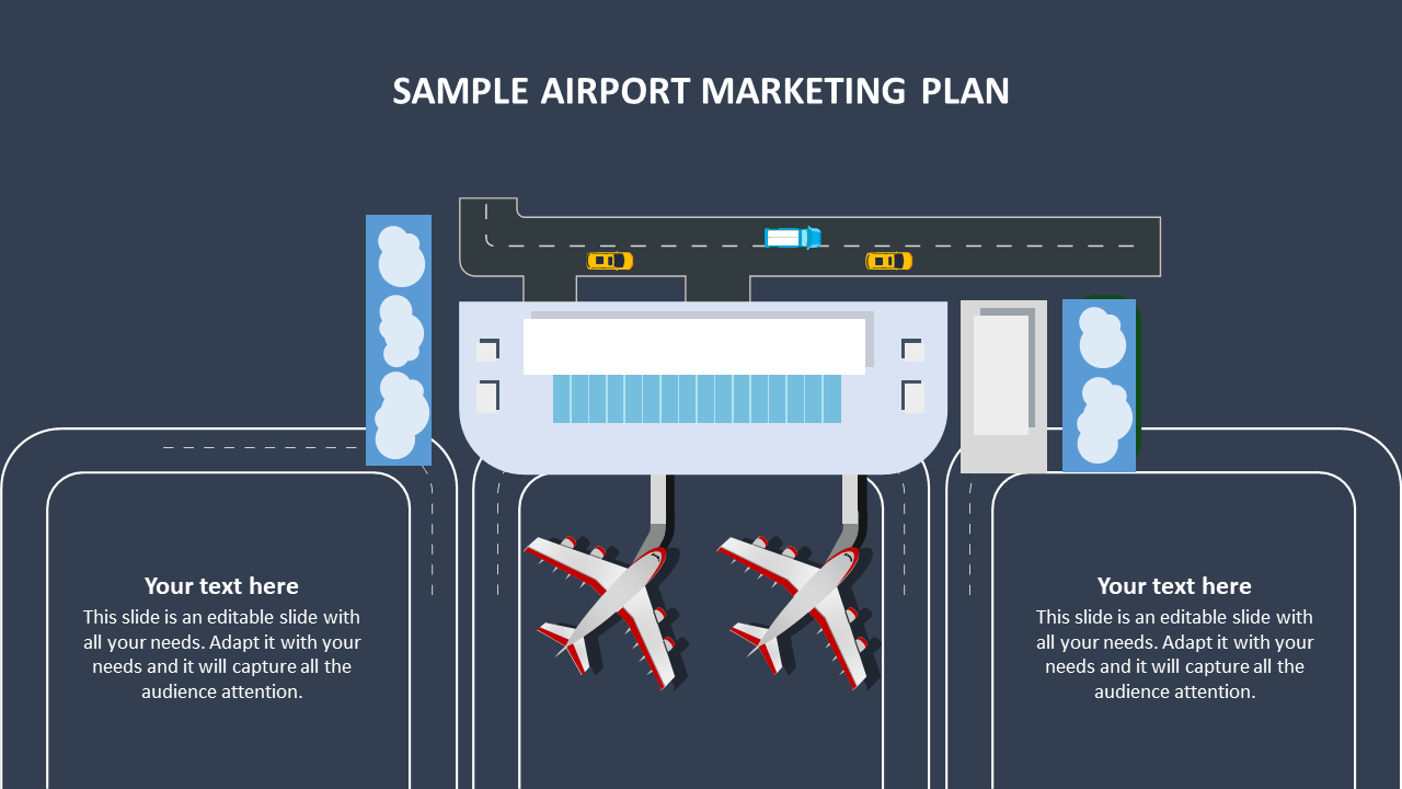 Airport layout marketing design from a top-down perspective, showing planes, terminals, and roads, with placeholder text.