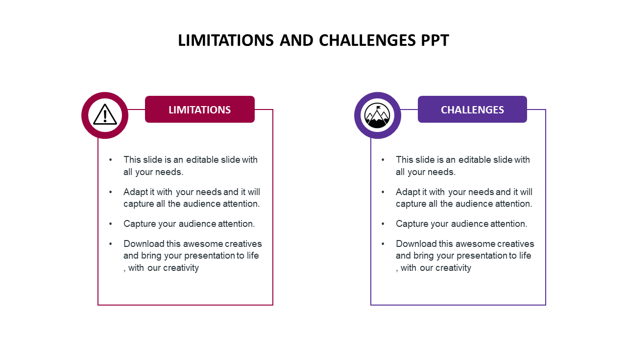 Two side by side rectangular boxes in red and purple, each featuring icons at the top and bullet points inside.