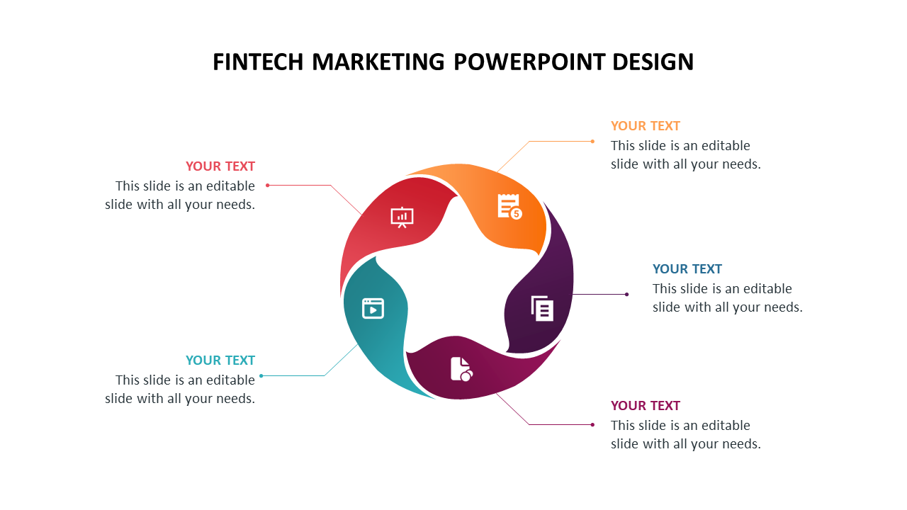 Fintech themed slide showcasing a circular infographic with text areas for marketing strategies with colored icons.