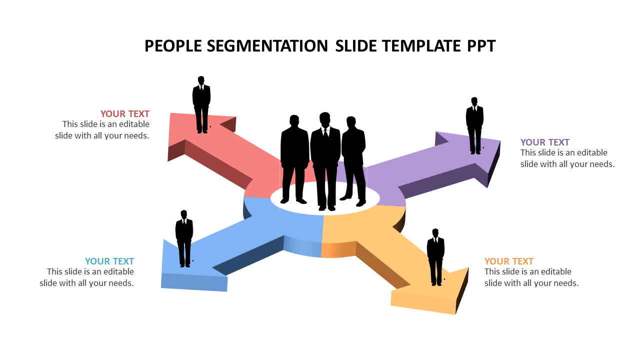 Silhouettes of people standing on colored arrows that branch out from a central point, symbolizing people segmentation.