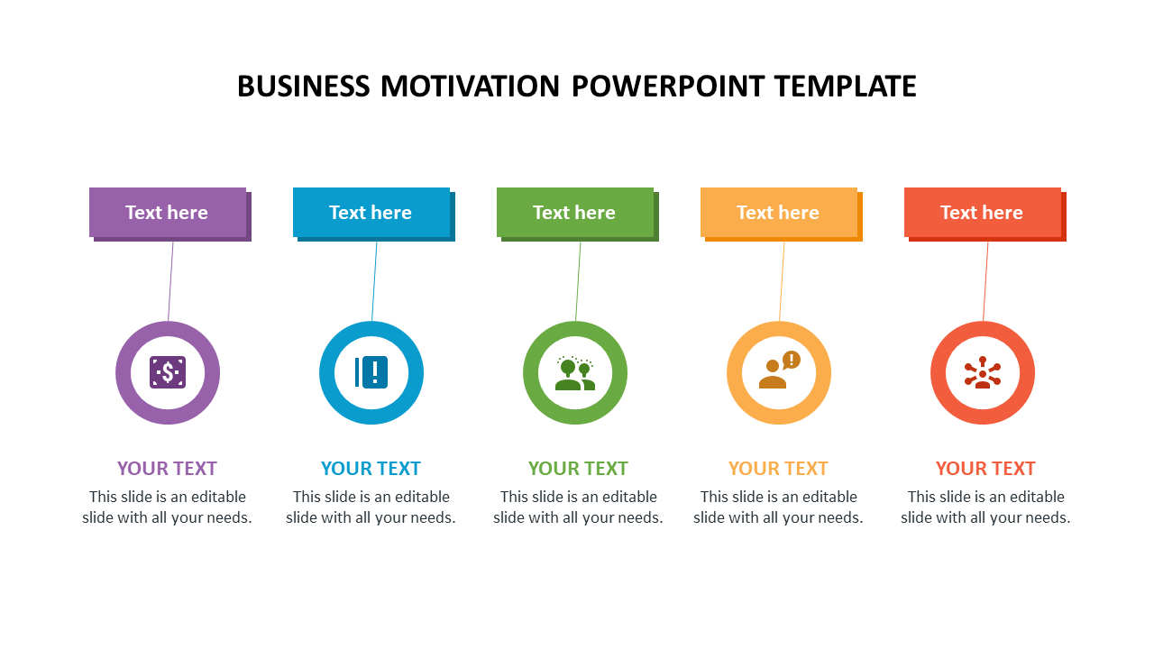 Business motivation template with five colorful sections for text and icons representing different business elements.