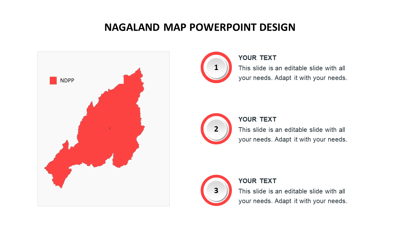 Nagaland map highlighted in red, with NDPP label, surrounded by text placeholders.