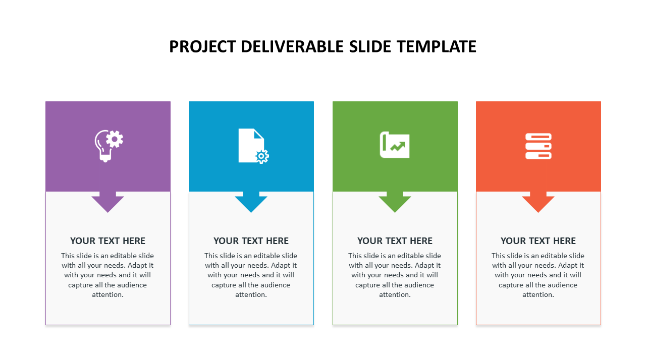 Colorful project deliverable slide featuring sections for text, each with an icon in purple, blue, green, and orange.