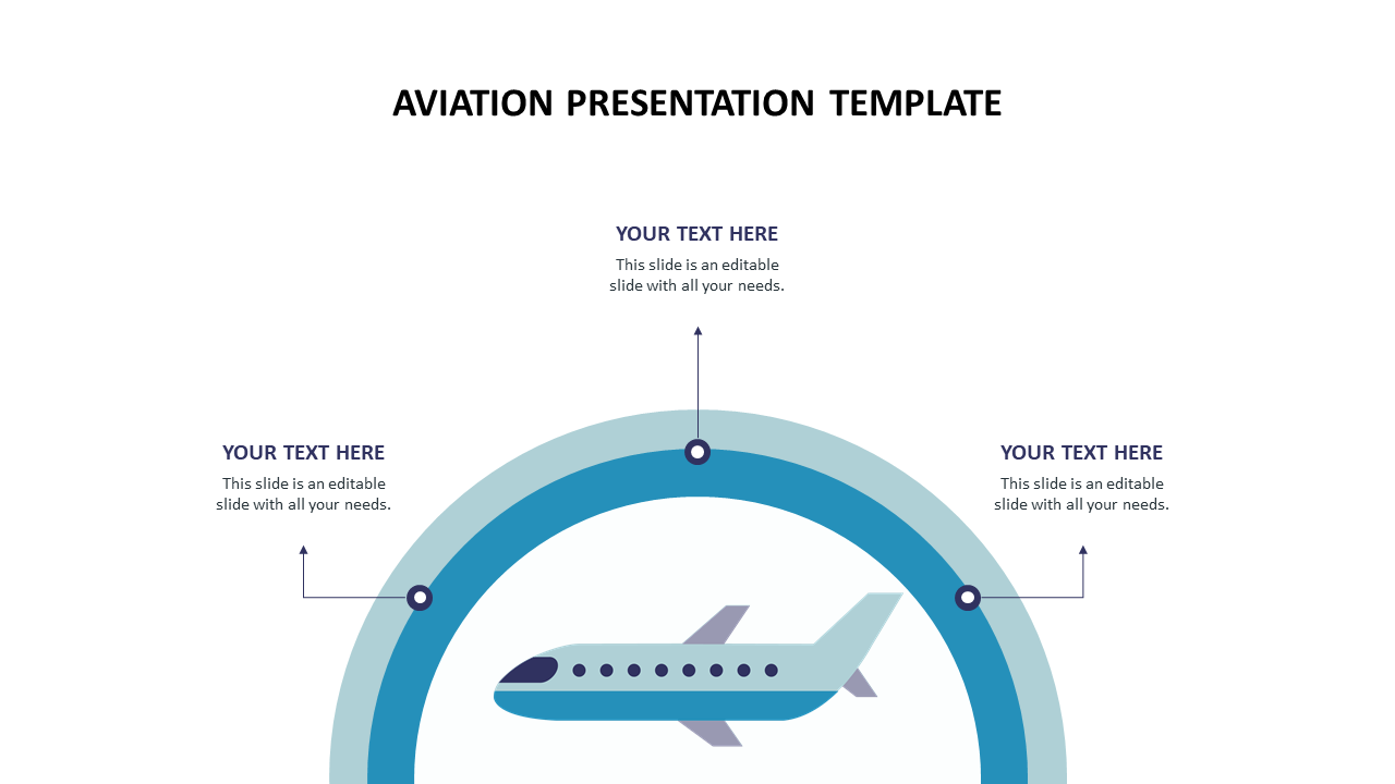 Slide design for an aviation theme, showcasing an aircraft surrounded by circles and labeled text areas.