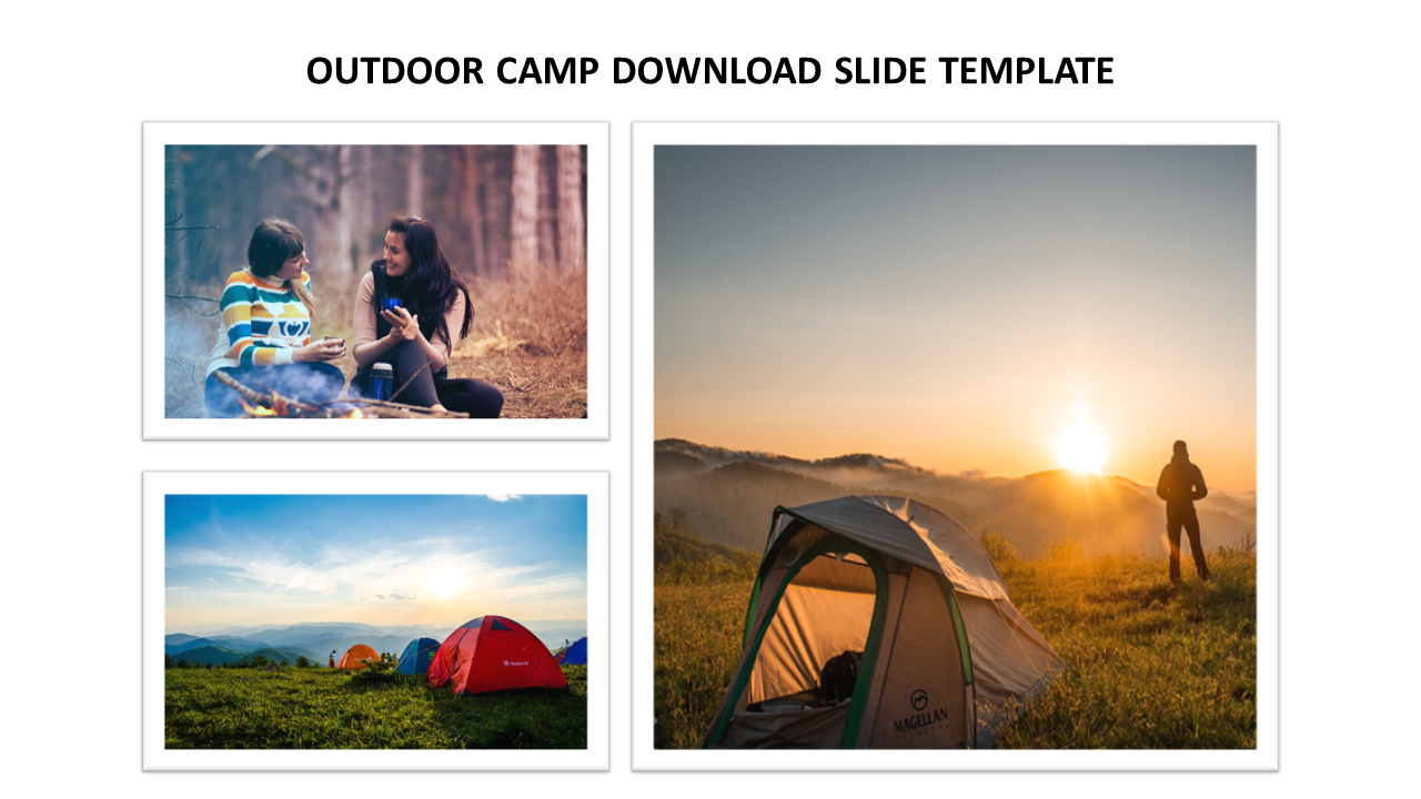 Collage of three outdoor camping photos including a tent at sunrise, campers by a fire, and tents in a field.