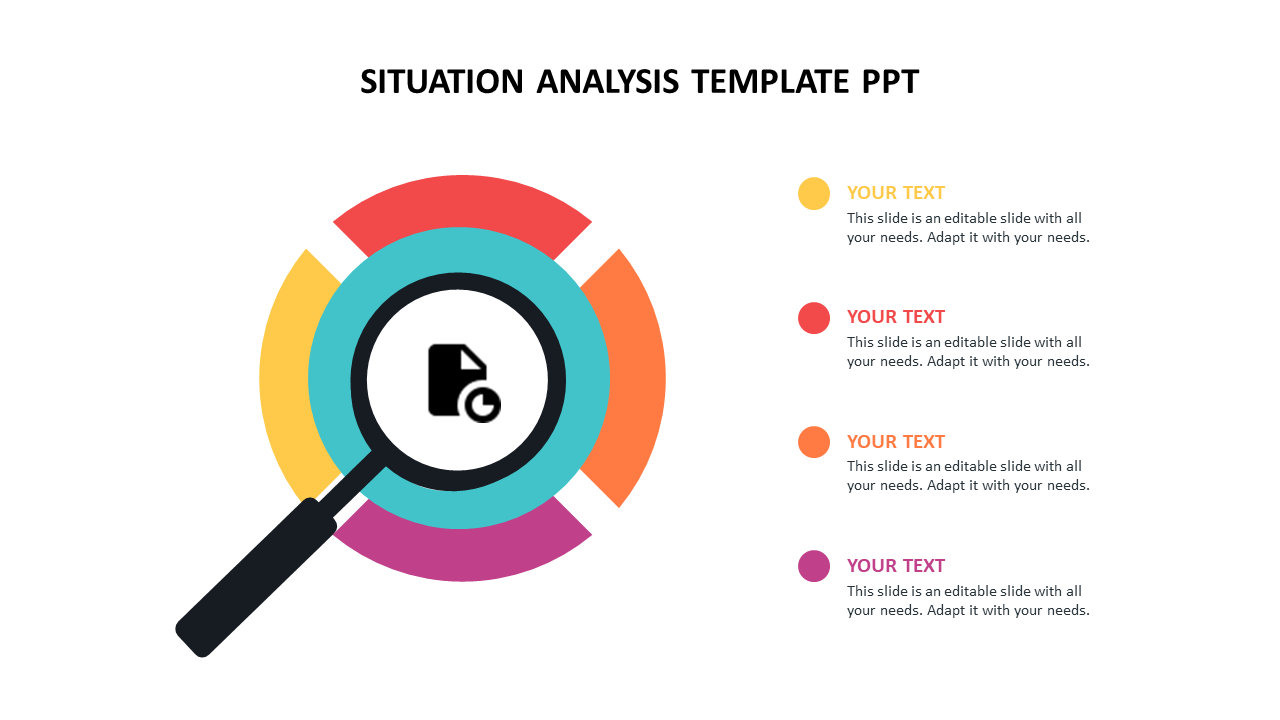 Situation analysis slide featuring a central magnifying glass over a circular diagram with four colorful segments around it.