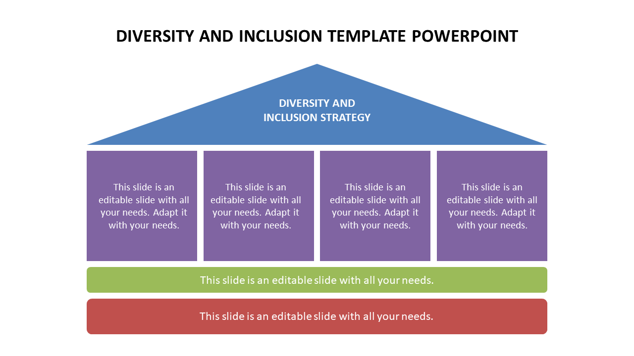 Slide showcasing diversity and inclusion strategy, with a triangular header and four purple sections in green and red.