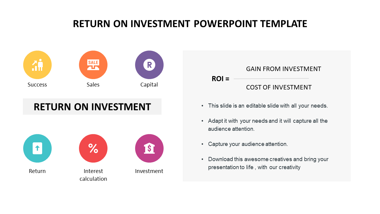 A colorful PowerPoint slide for calculating Return on Investment with sections for success, sales, return, and investment.