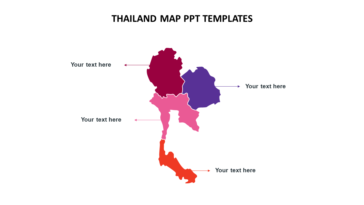 Thailand map with four color coded regions in shades of red, purple, blue, and pink, with text placeholders.