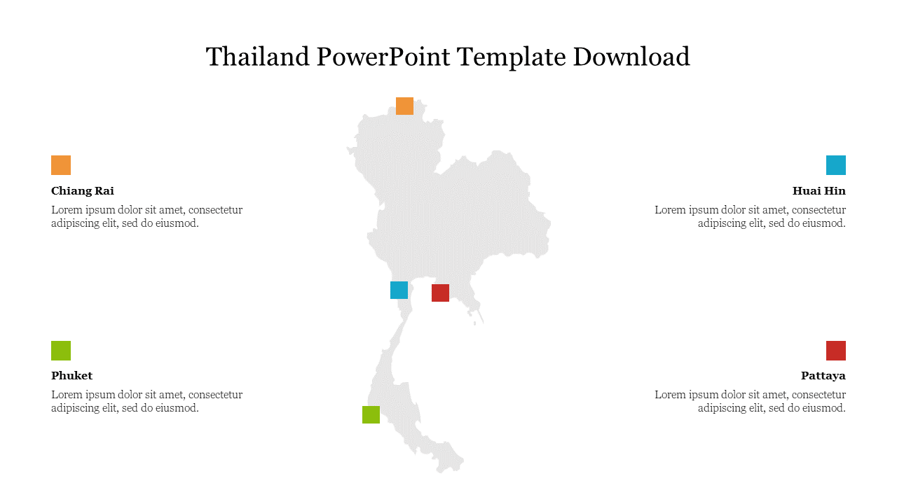 Central grey Thailand map with orange, green, blue, and red squares indicating locations of key cities and text.