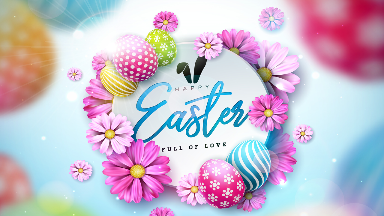 Easter design with colorful decorated eggs, pink flowers, and a glowing white circular frame with elegant blue text.