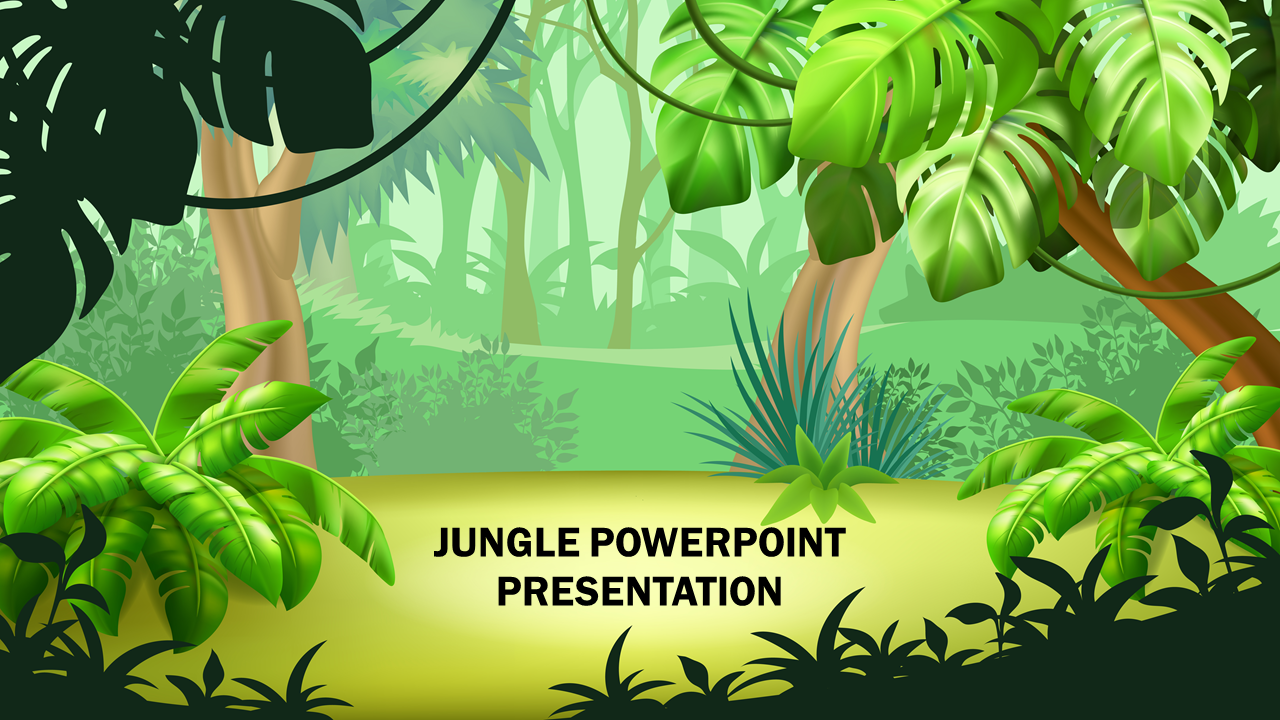 Illustrated jungle scene slide with lush green foliage and trees, featuring the text in bold.