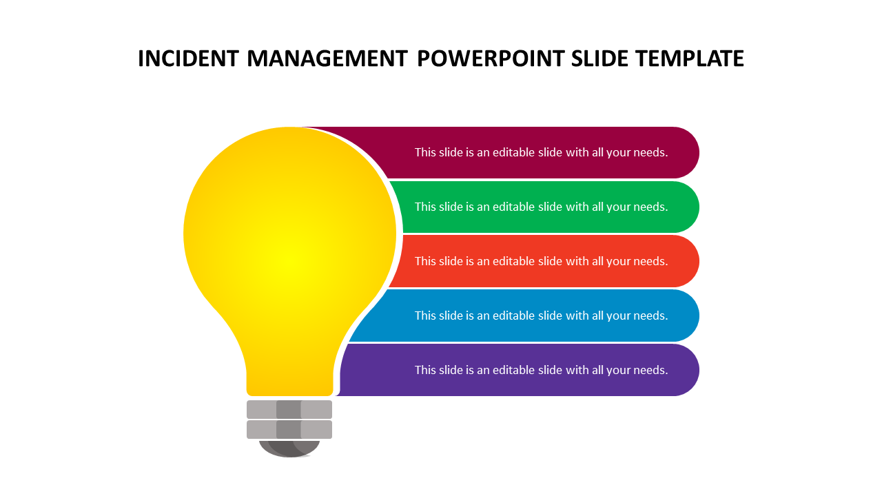 Yellow lightbulb on the left with five colorful text boxes in red, green, orange, blue, and purple extending to the right.