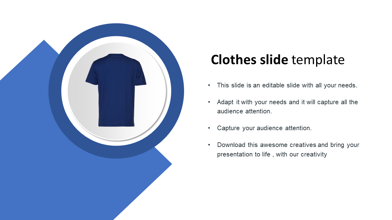 Template featuring a blue t-shirt graphic in a circular frame with editable text points on the right.