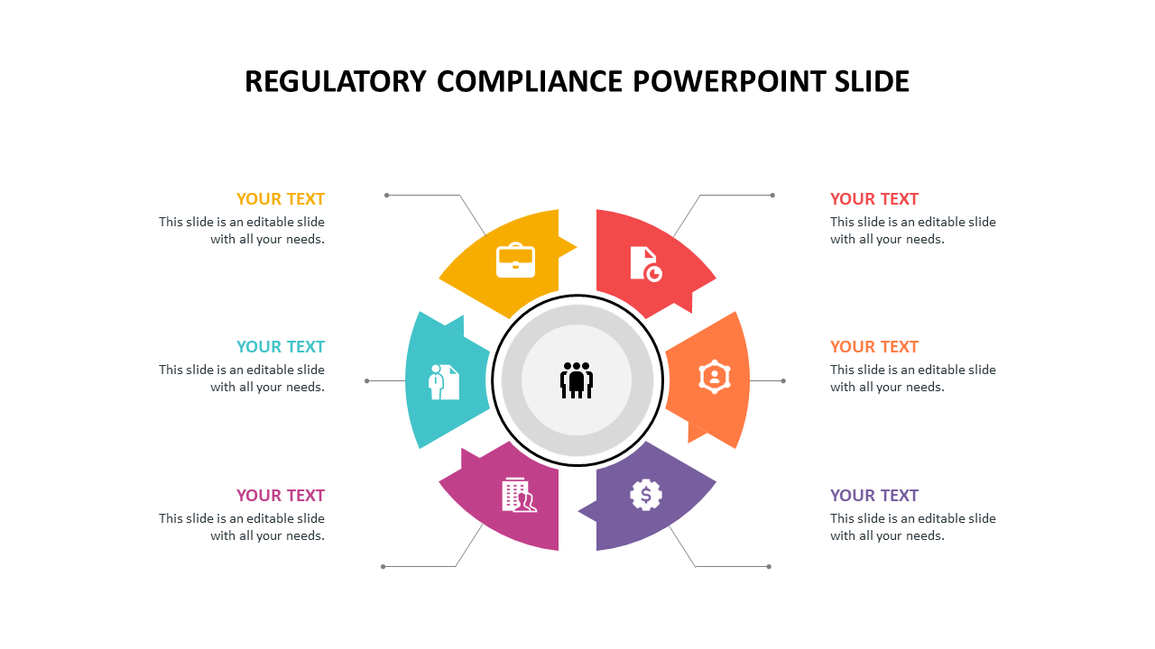 Circular infographic slide on regulatory compliance with six sections for text, featuring color coded icons.