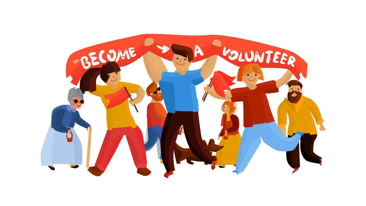 Illustration of diverse individuals holding a red banner promoting enthusiasm and unity in volunteering.