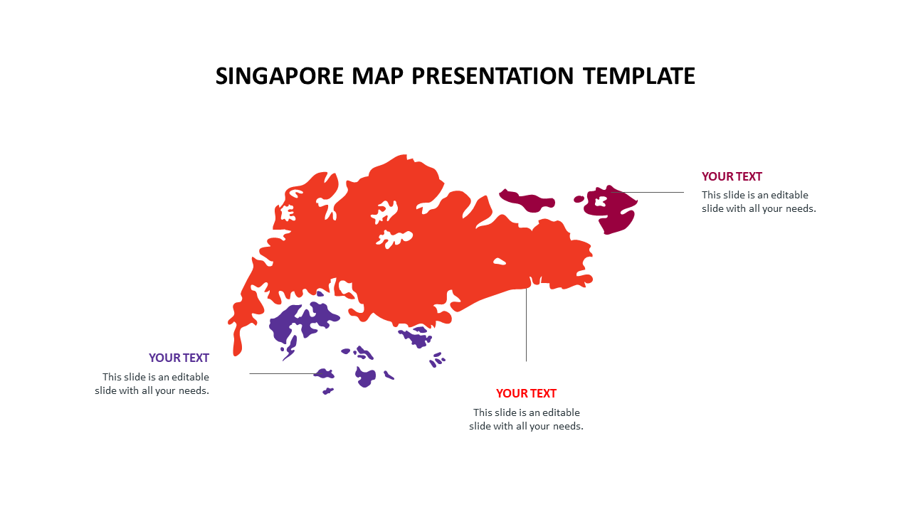 A stylized red and purple map of Singapore with placeholder text boxes pointing to different regions.