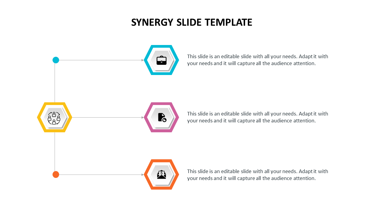 Synergy slide template featuring three hexagons linked to text boxes, each with an icon representing different topics.