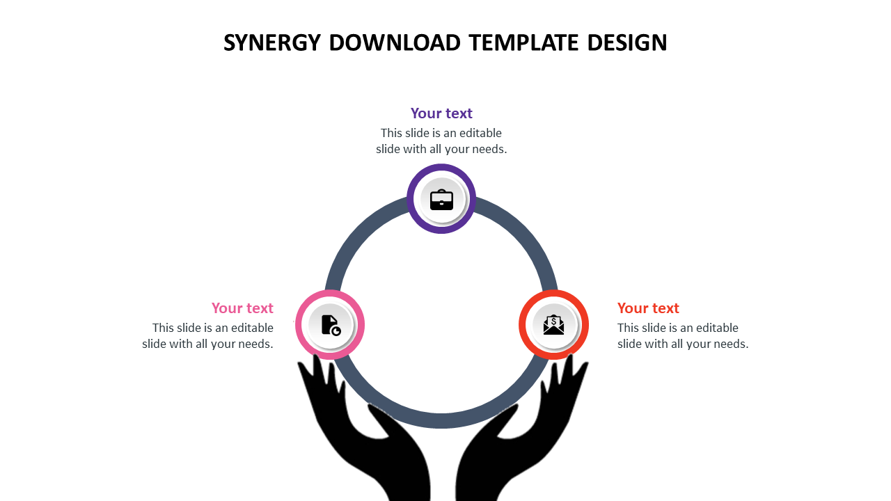 Circular diagram with three colored icons and text, supported by two black hands at the bottom.