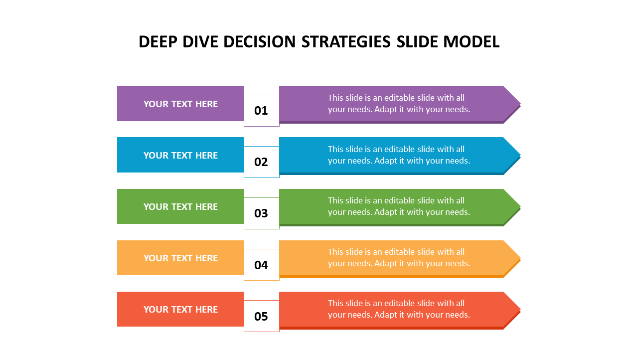 Decision strategies slide with five sections in purple, blue, green, orange, and red arrows, each labeled with caption area.