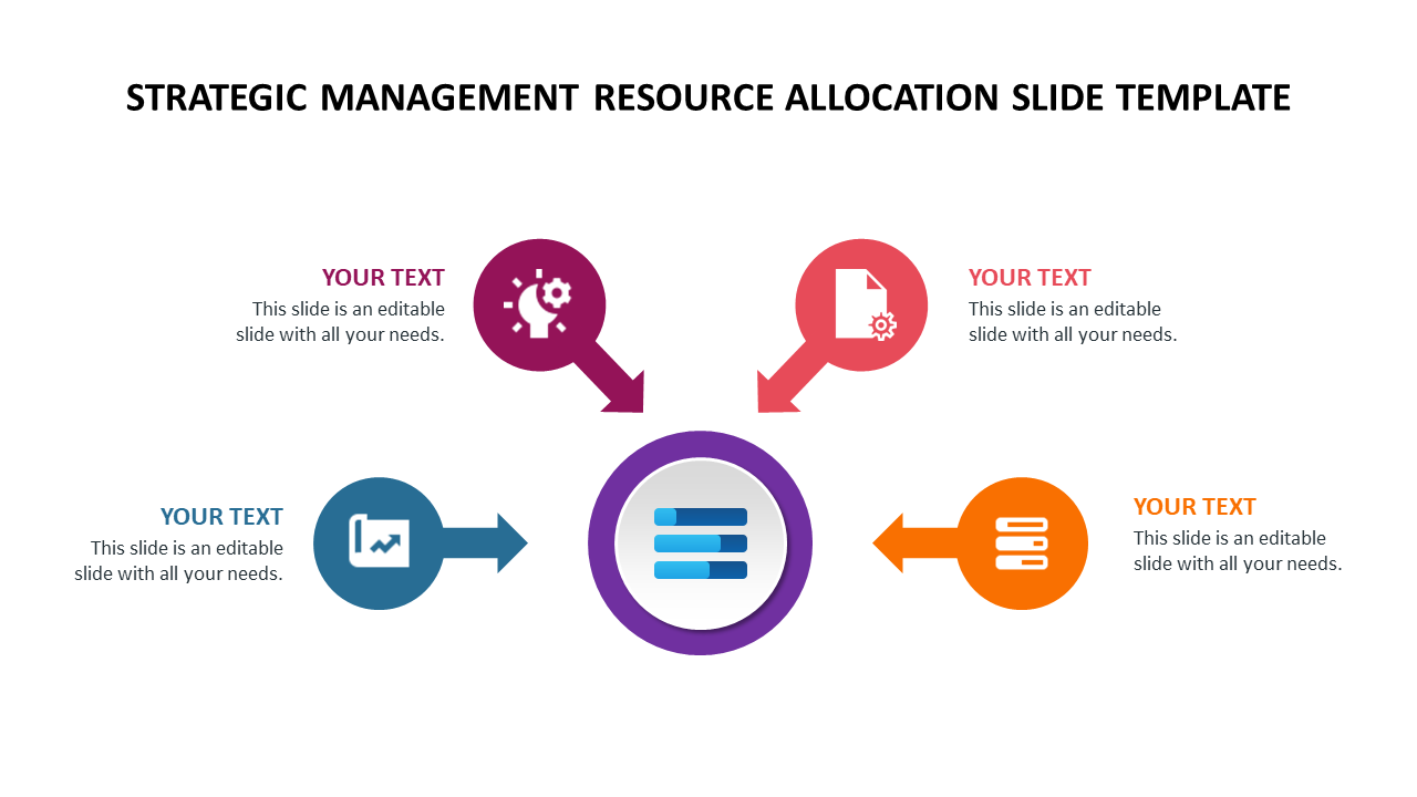 Strategic management slide showing four colored arrows on a central icon, each arrow featuring a unique resource icon.