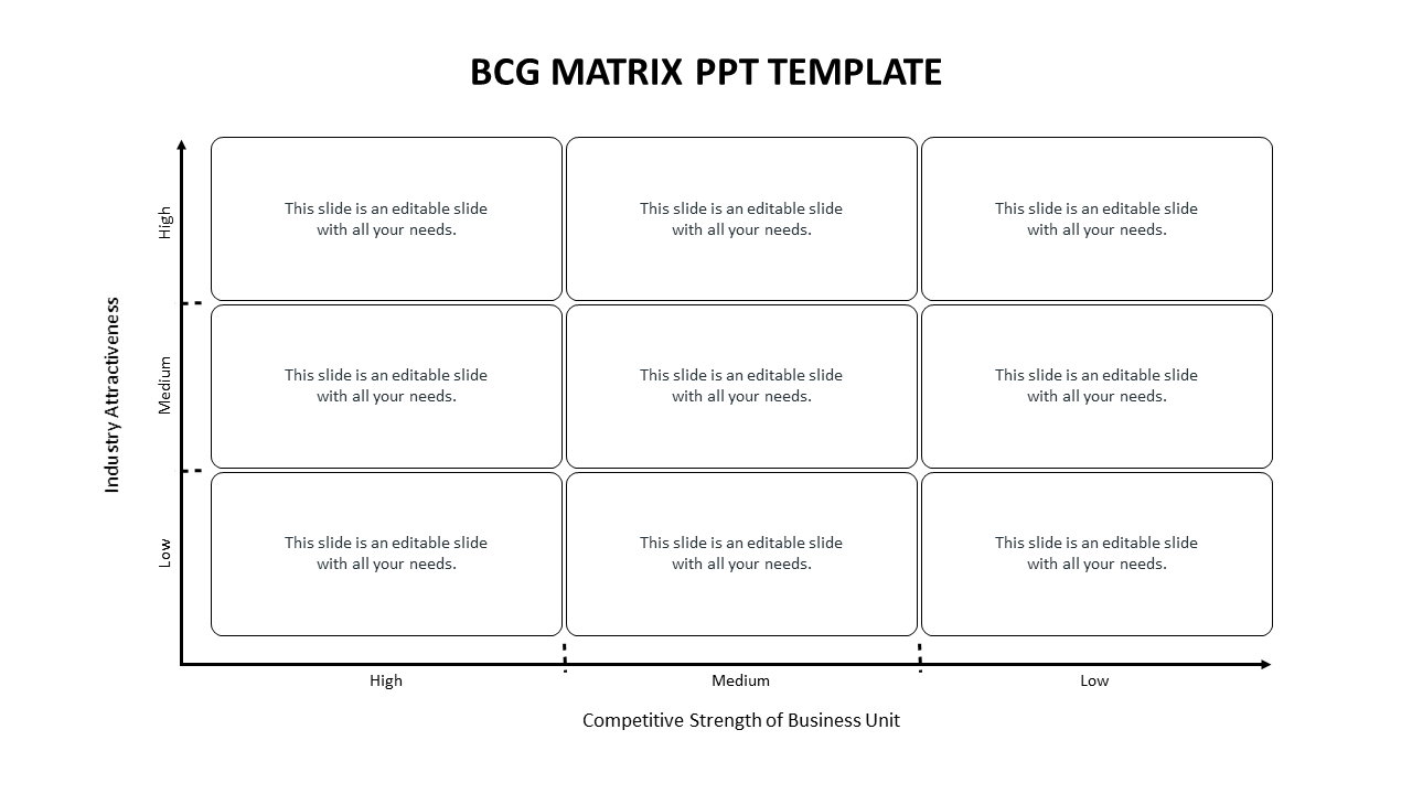 BCG matrix template in a 3x3 grid with white rounded rectangles, and labeled axes for analysis.