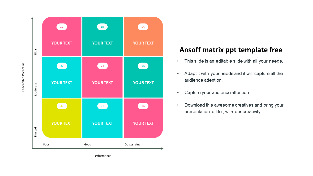 Ansoff matrix with color-coded squares, ranging from 1A to 3C, indicating performance with placeholder text.