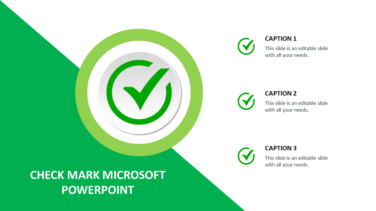 Checkmark-themed slide with a large green check symbol in the center and three caption areas to the right.