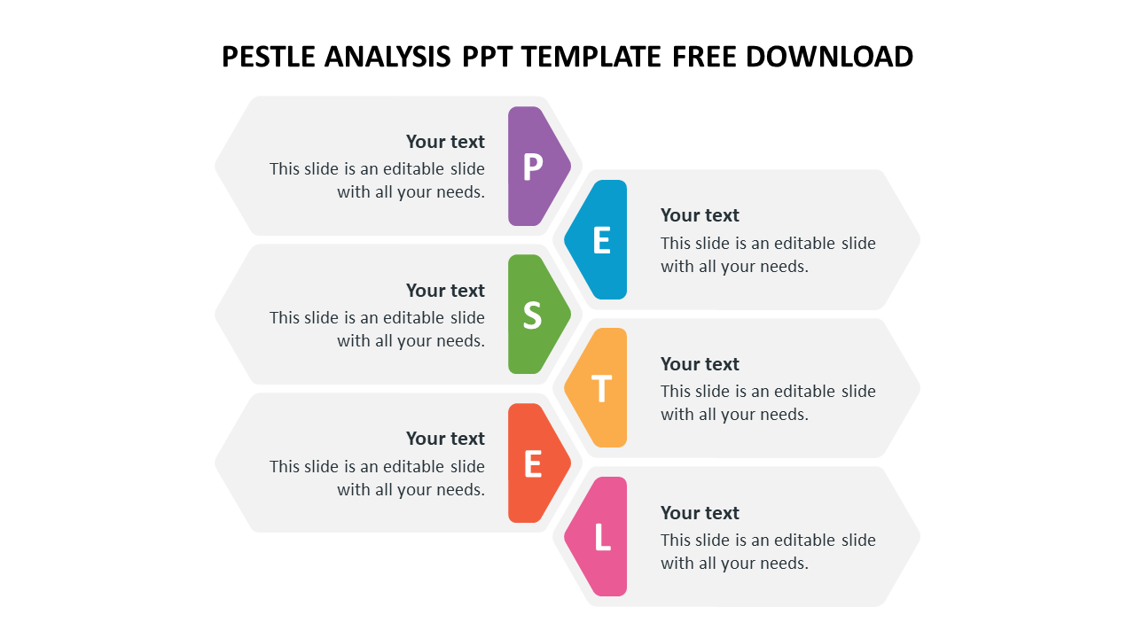 Colorful PESTLE analysis template, featuring hexagonal segments for each factor with six caption areas in a white background.