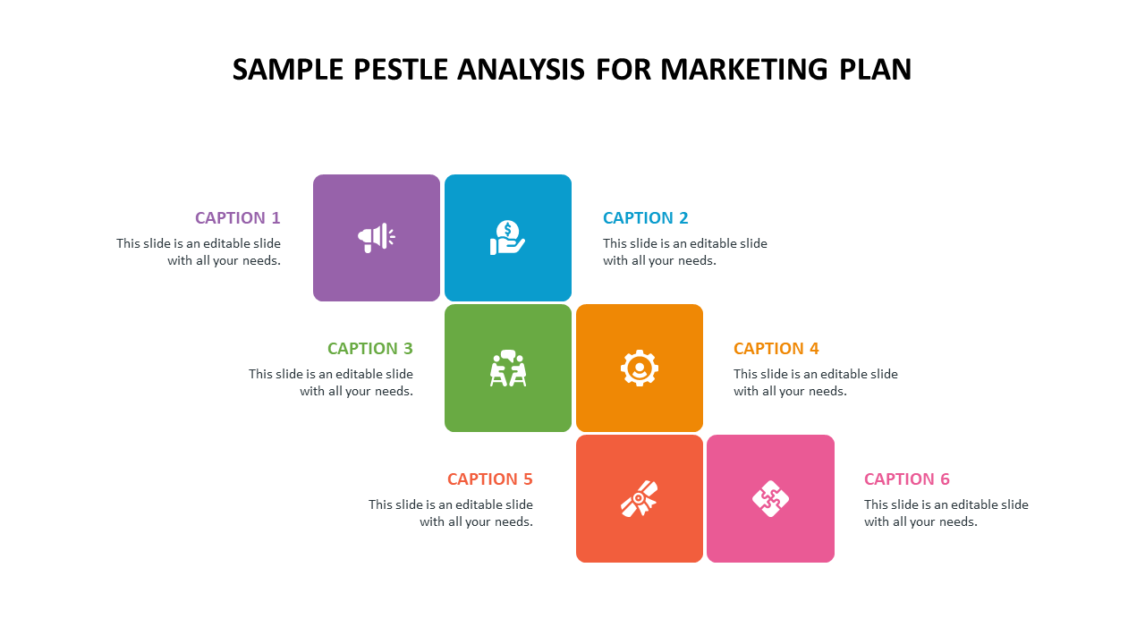 Marketing plan template with PESTLE analysis, featuring colorful icons for each factor with captions.