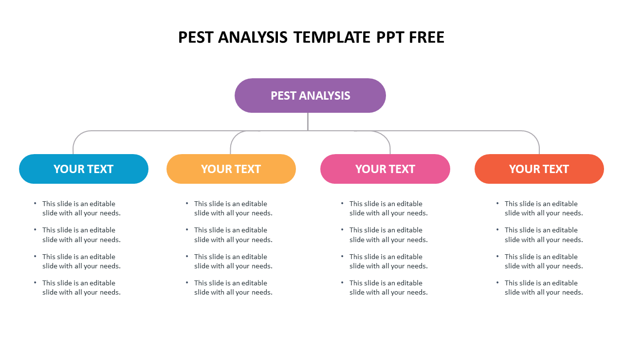 Analysis slide with a central purple box branching into four colored sections, each with text in bullet points.