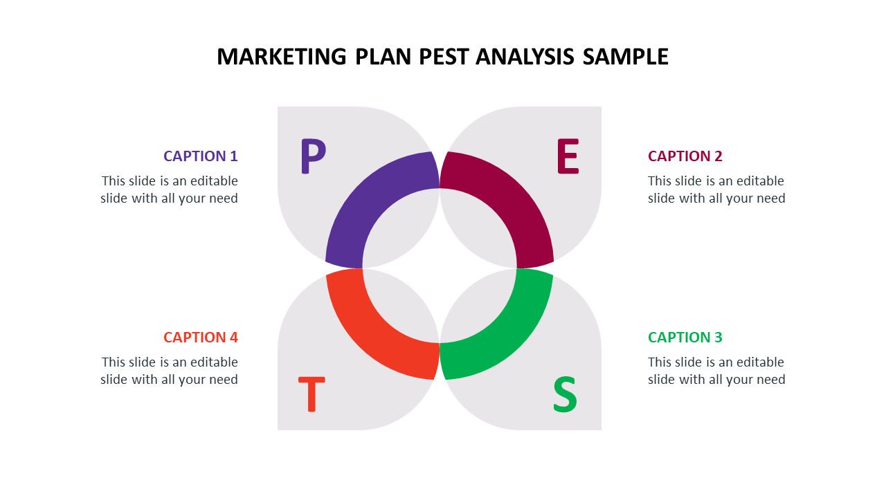 Four overlapping circles in purple, red, green, and orange forming a central intersection, representing a PEST analysis.