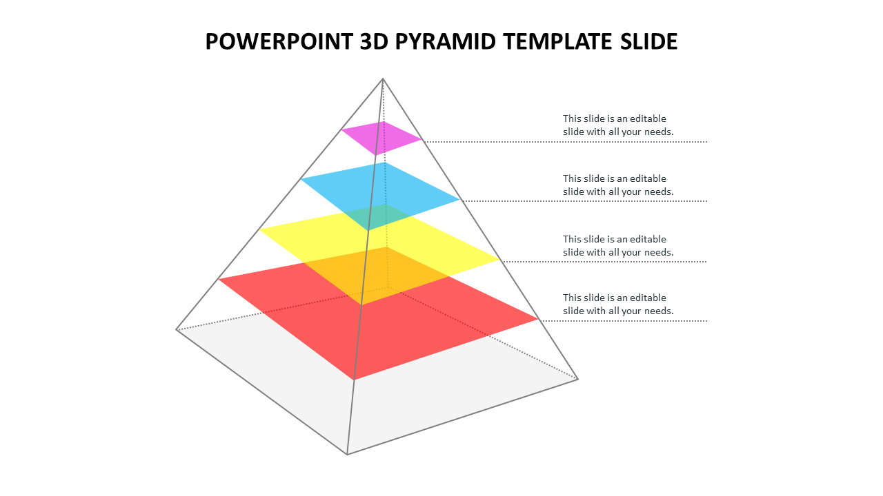 3D pyramid diagram PowerPoint slide with colorful layered sections and text placeholders on a white backdrop.