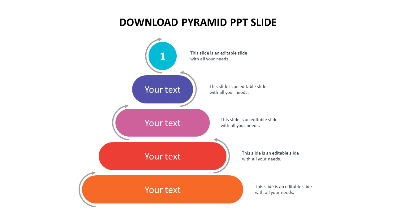 Layered pyramid diagram with colorful horizontal segments in orange, red, pink, purple, and blue, with curved arrows.