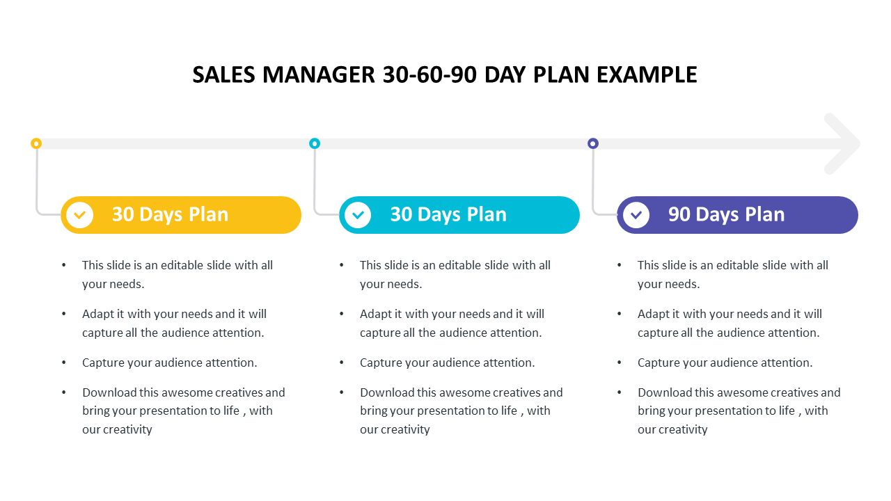 Timeline of sales manager 30-60-90 day plan, with color-coded sections for each phase with text area.