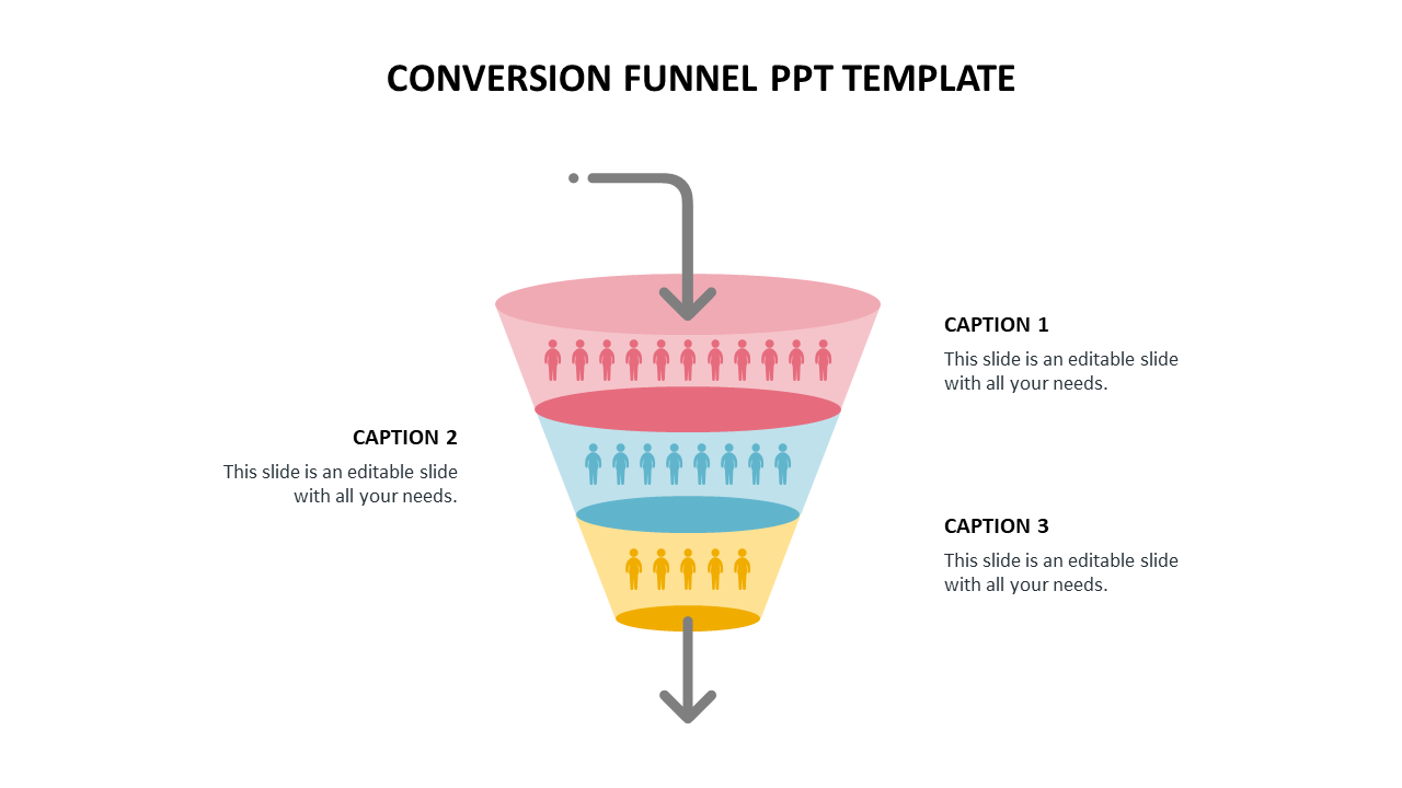 Illustration of a multi layered conversion funnel with icons representing users moving down through stages with captions.