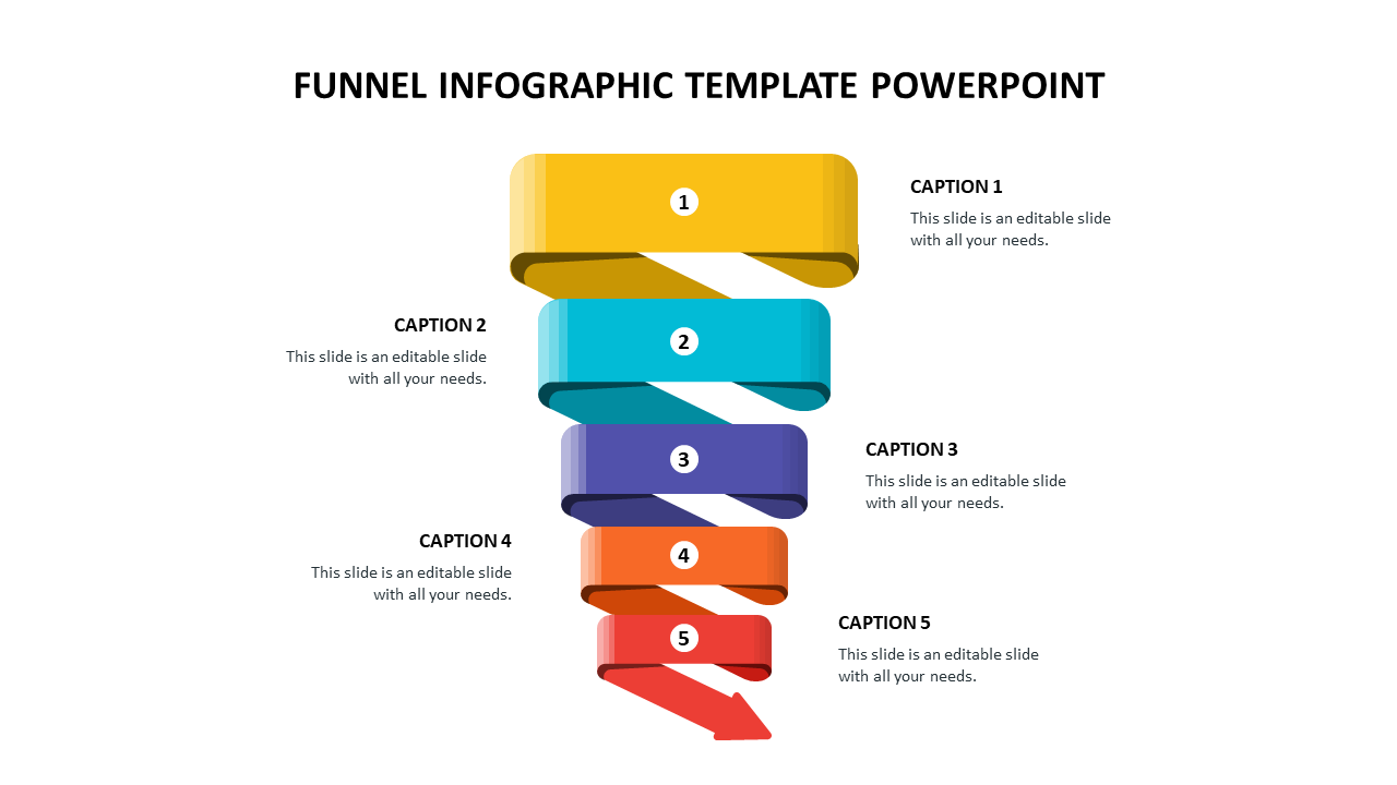 Funnel infographic PowerPoint template with steps in vibrant colors and captions on a white backdrop.