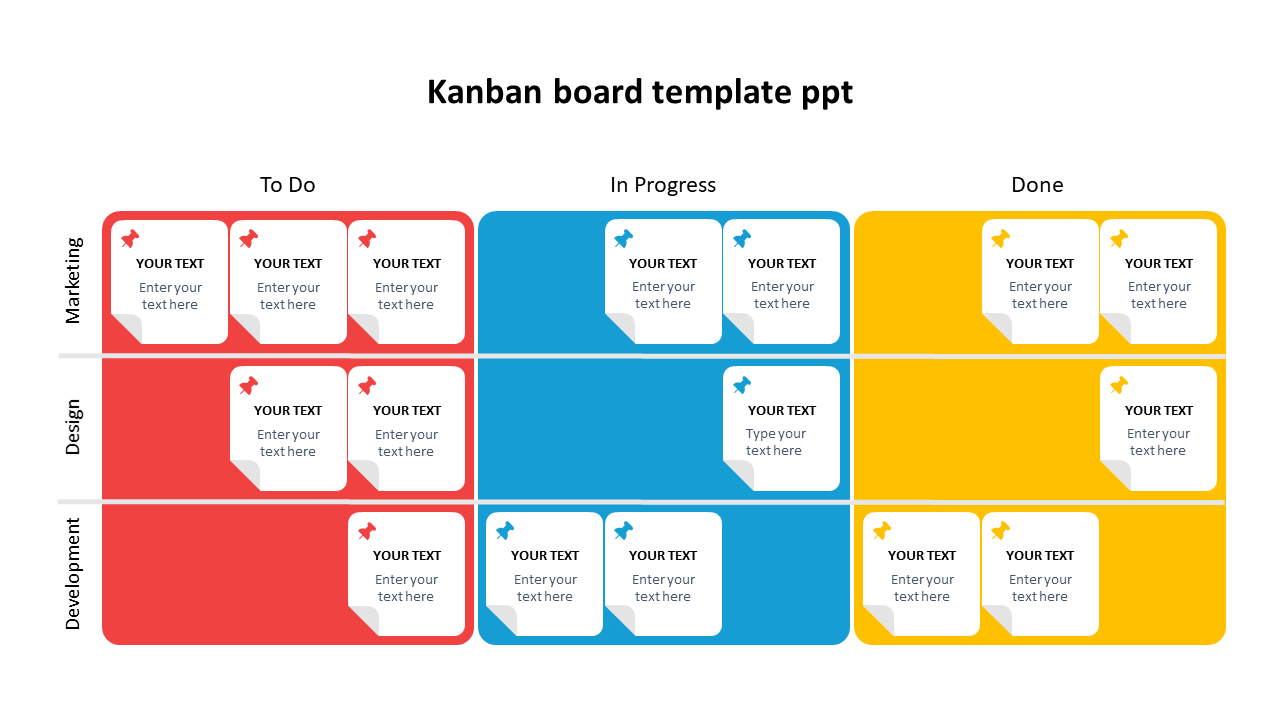 Colorful kanban board slide with columns to do, In progress, and done, categorized by marketing, design, and development.