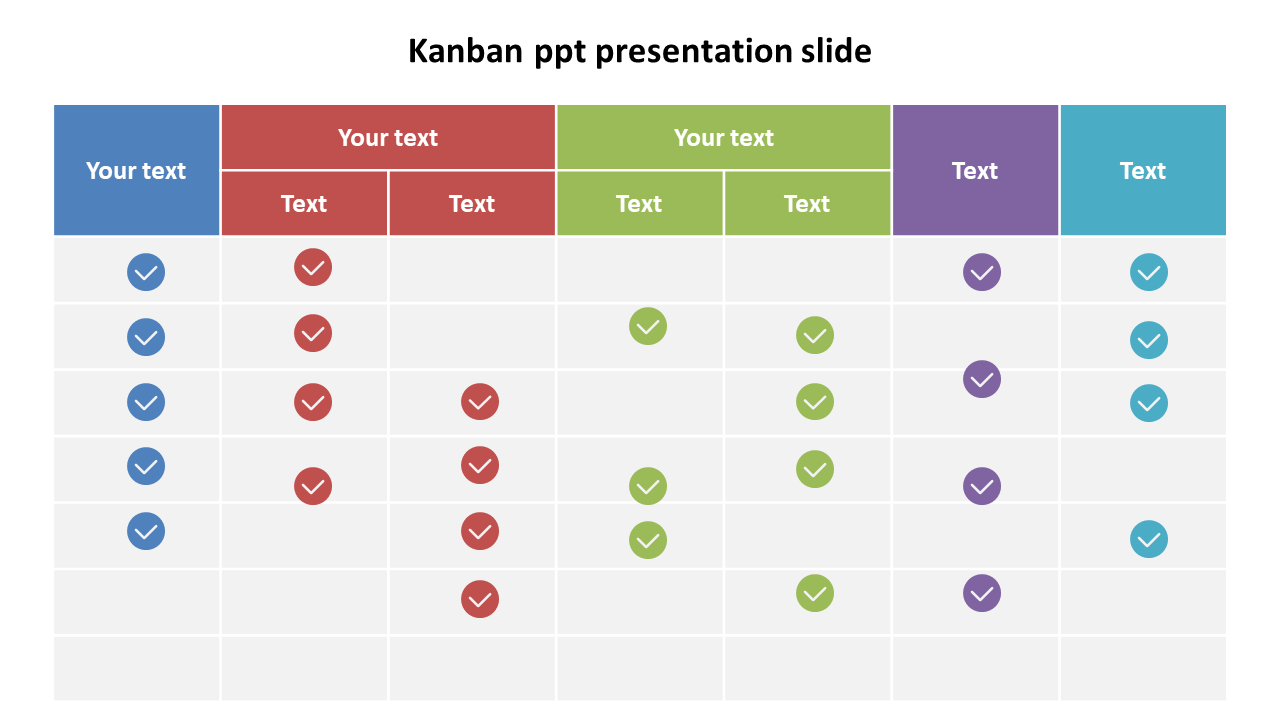 Multi colored table layout with blue, red, green, purple, and teal columns filled with check mark icons.